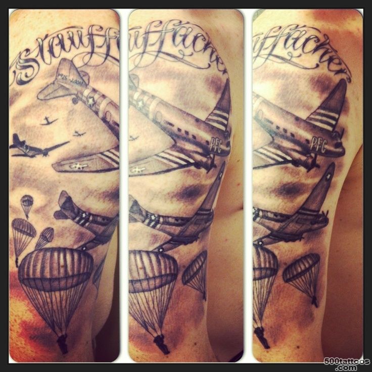 A neo-traditional airborne tattoo on the wrist with powerful detail