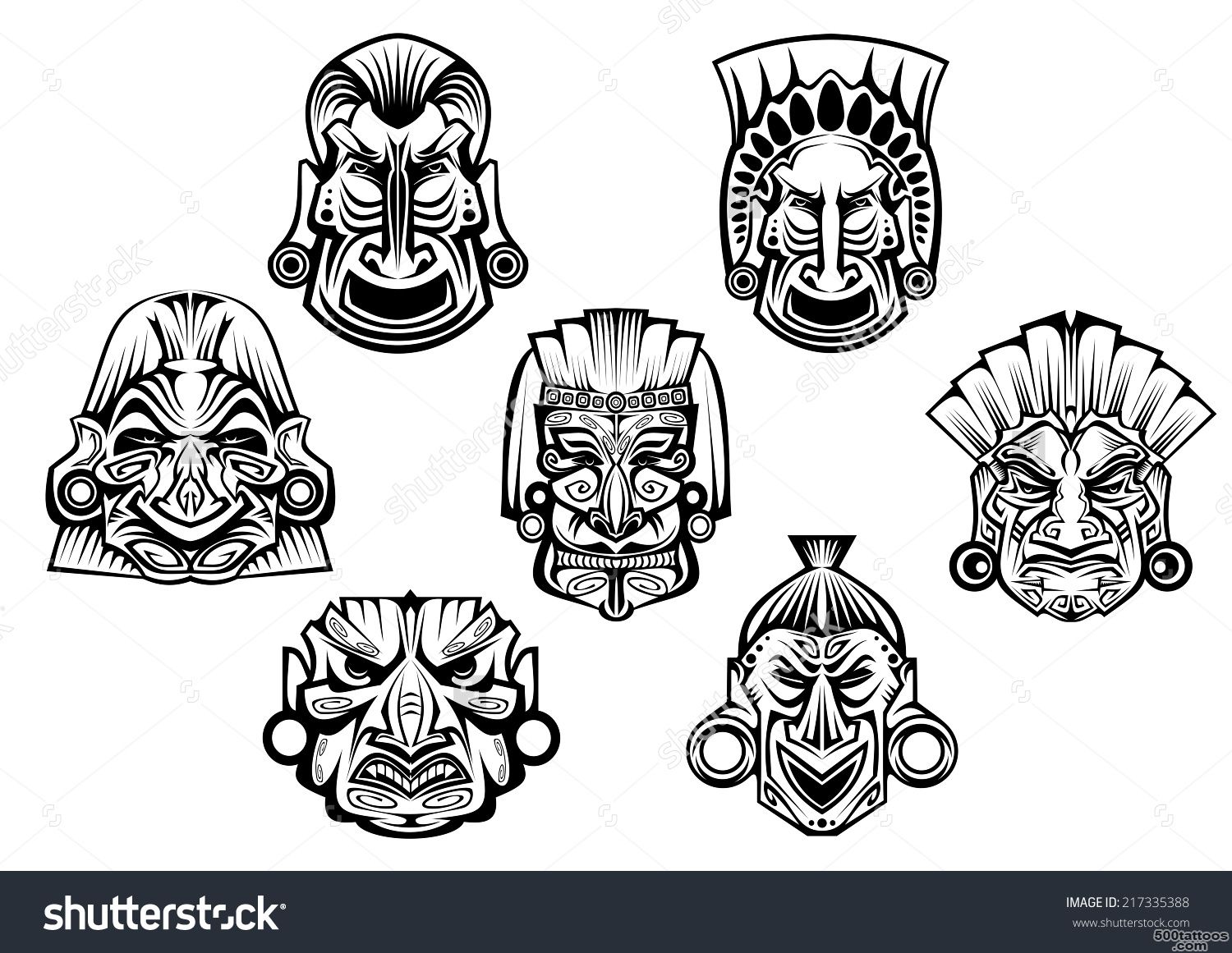 Religious Masks In Ancient Tribal Style Isolated On White For ..._31