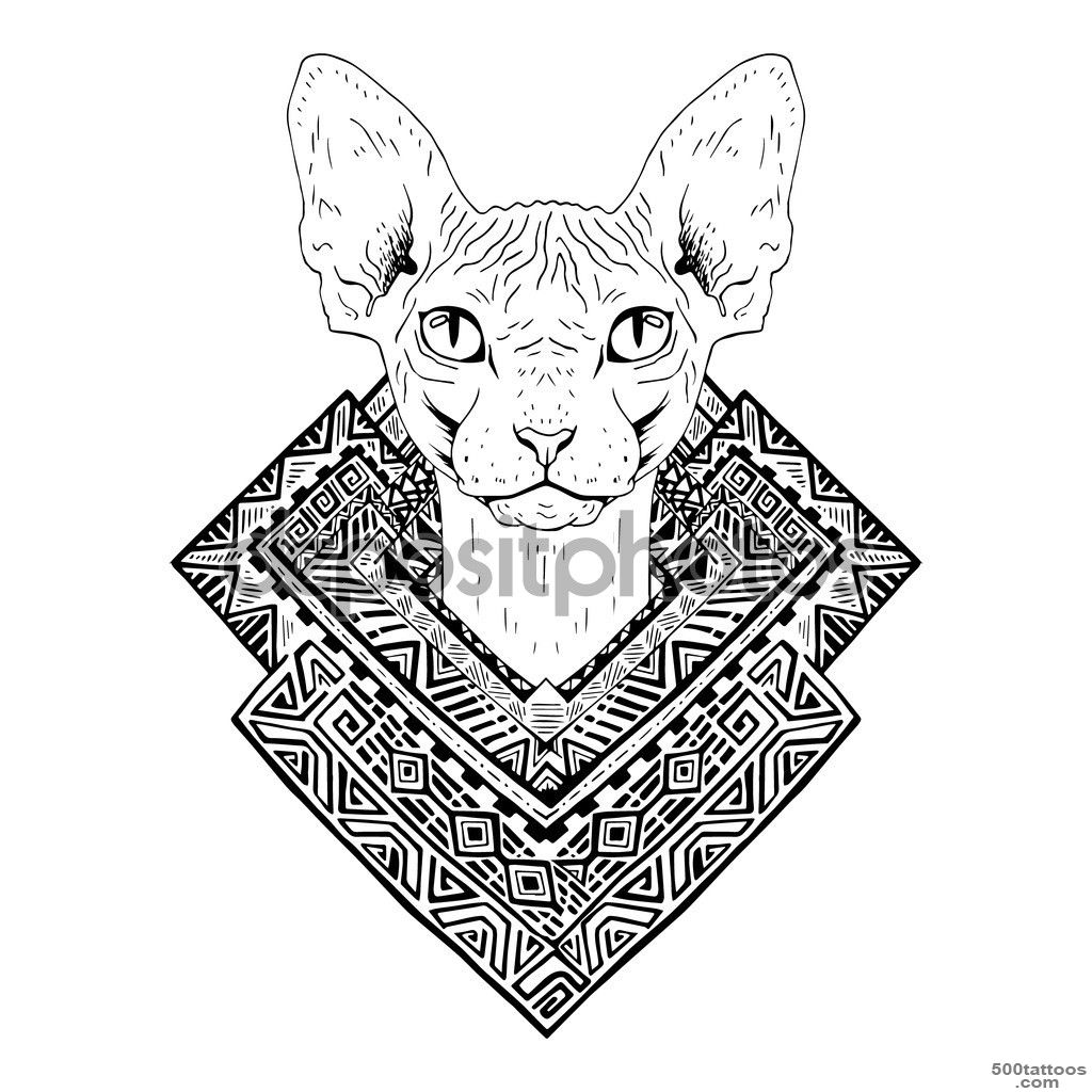 Black and white animal Cat head, abstract art, tattoo, doodle ..._46