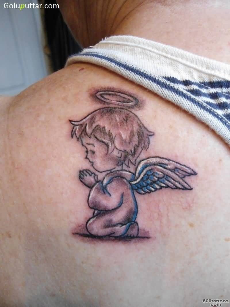 Lovely Praying Angel Baby Tattoo On Back Shoulder_30