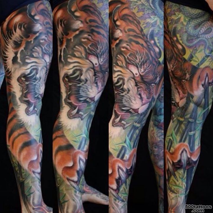 Tiger and Black bamboo tattoo on full leg_39