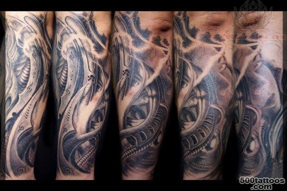 Grey Ink Bio Mechanical Tattoo On Elbow_19
