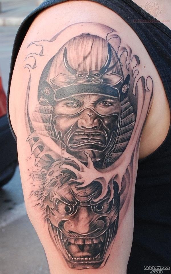 Brutal samurai warrior and a mask tattoo on shoulder ..._35