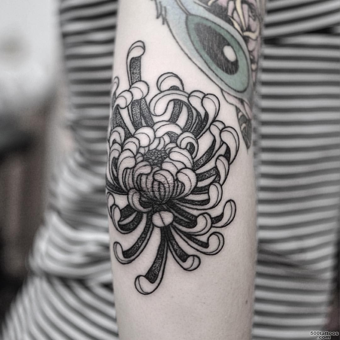 Grey And Black Chrysanthemum Tattoo On Elbow_16