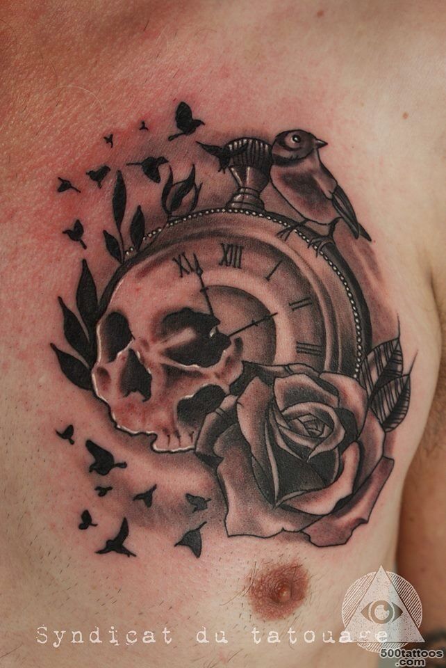 19+ Wonderful Grey Ink Clock Tattoos_49