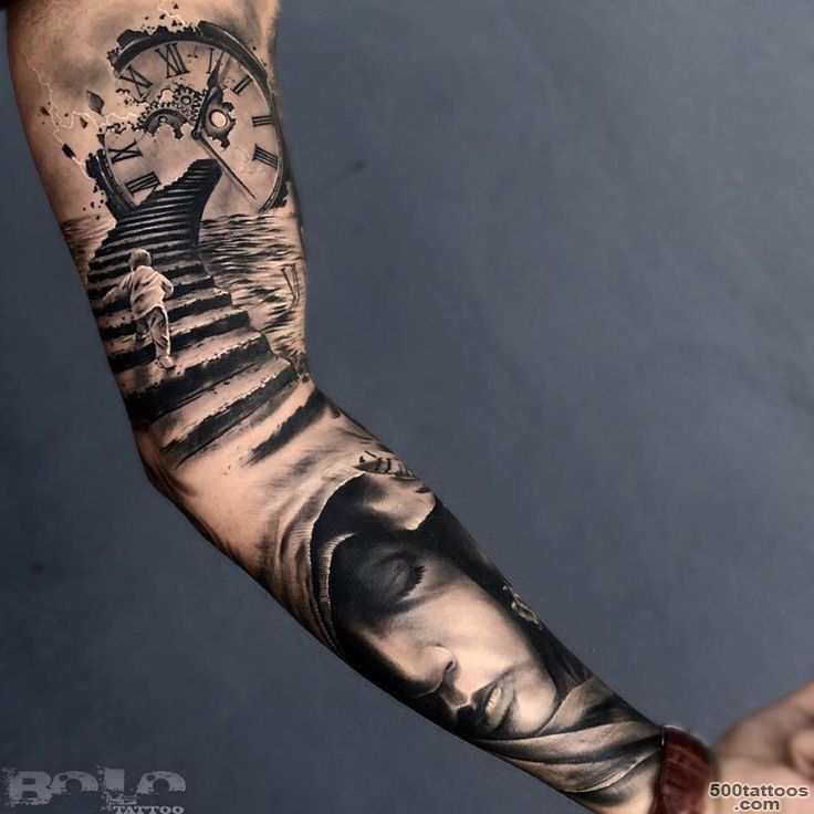 Black And Grey Unique Clock Tattoo On Left Sleeve_25