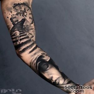 Black And Grey Unique Clock Tattoo On Left Sleeve_25