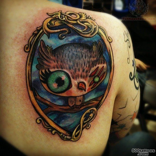 Owl Color Tattoo on Back Shoulder_22