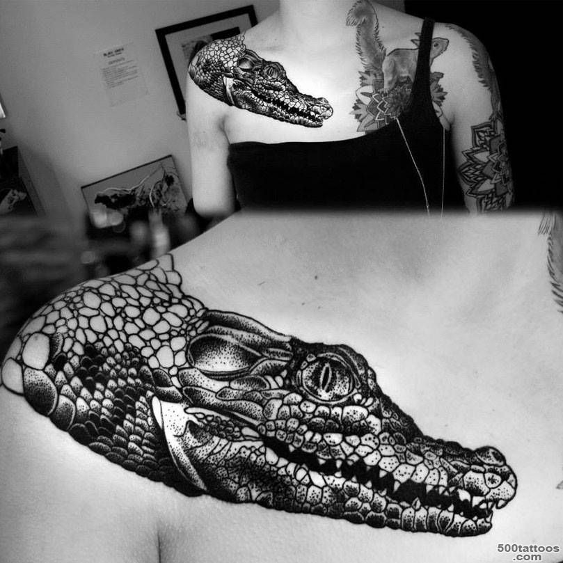 Blackwork style crocodile tattoo on chestshoulder._13