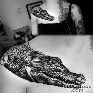 Blackwork style crocodile tattoo on chestshoulder_13