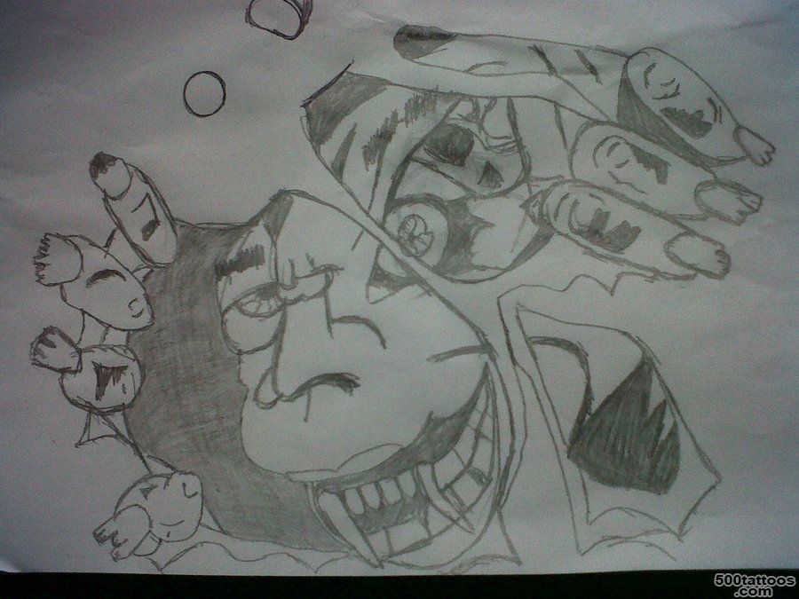 Drawn tattoo in artistic abstract style on the thigh