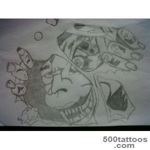 Drawn tattoo in artistic abstract style on the thigh