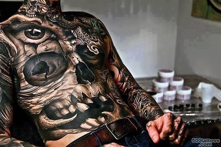 Black And Grey Skull On Face Evil Tattoo On Right Back Shoulder_35
