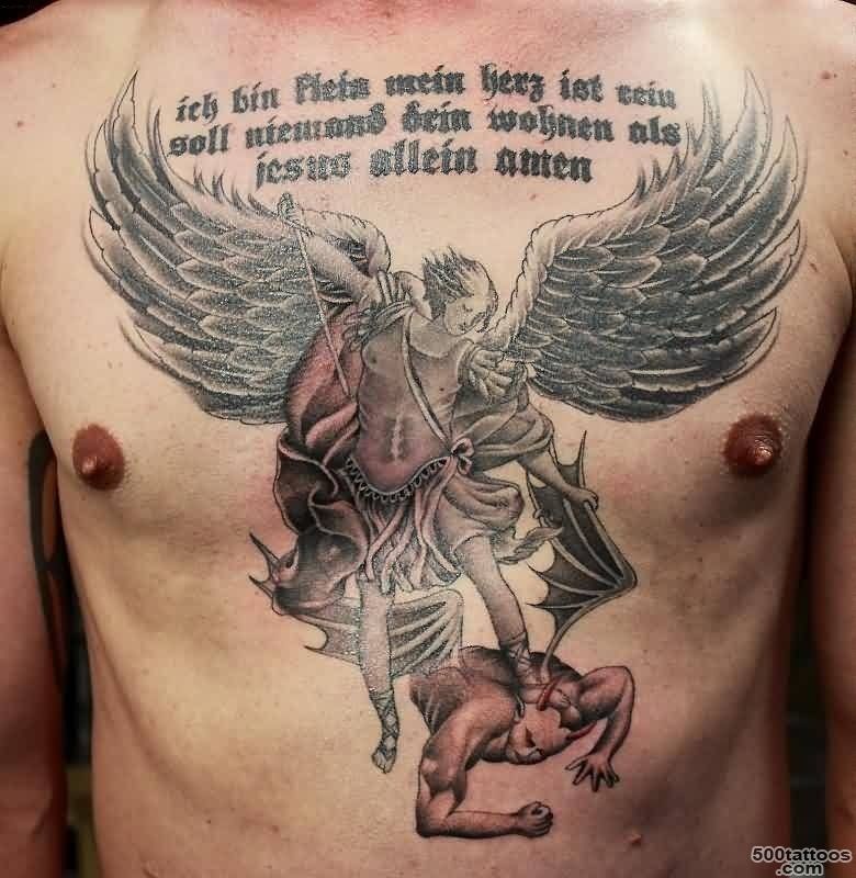 Realistic Colored Angel Vs Evil Tattoo On Right Shoulder_28