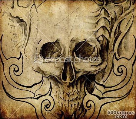 Tattoo art, sketch of skull with tribal designs — Stock Photo ..._47