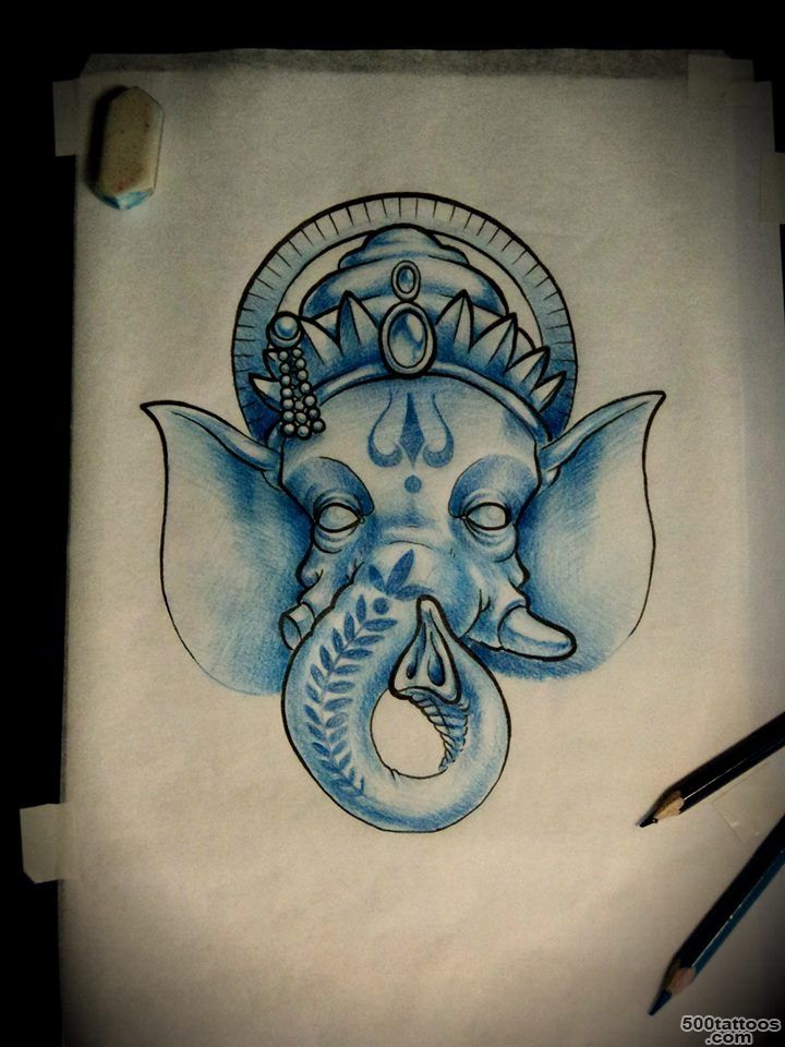 Blue Ink Ganesha Tattoo On Right Shoulder_33