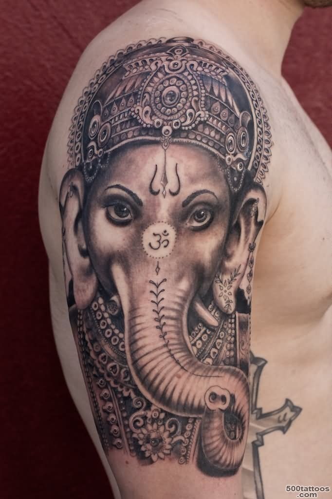 Grey Ink Ganesha Tattoo On Bicep by Red Dog Tattoo_22