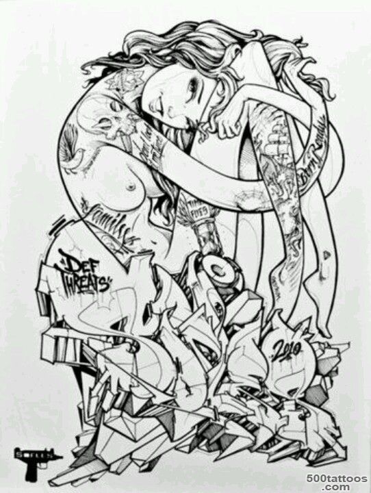 A naked girl wit tattoos and graffiti words around her. What makes ..._40