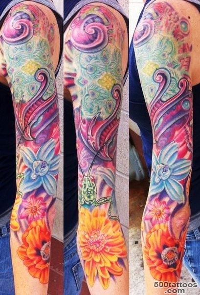 Flowers and Green Grasshopper tattoo sleeve  Best Tattoo Ideas ..._28