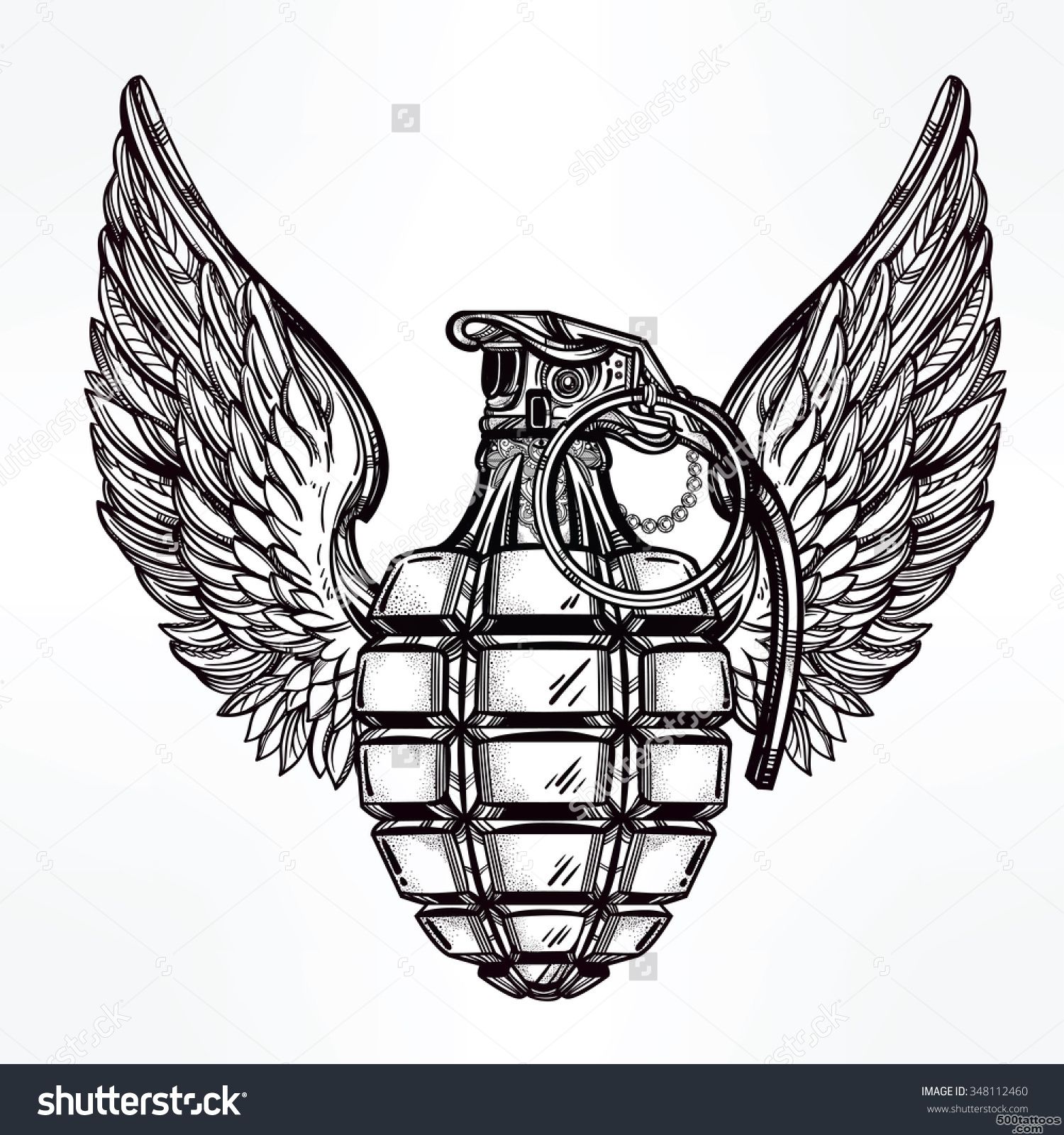 stock vector hand drawn retro hand grenade drawing with wings in ..._22