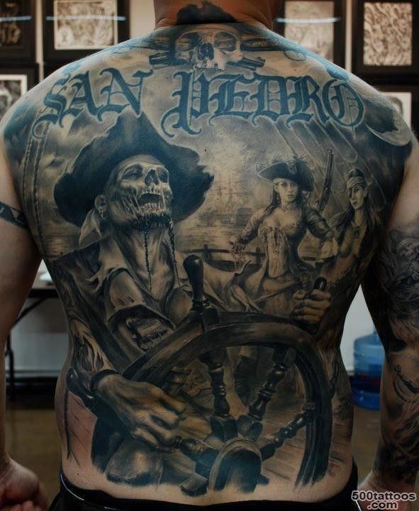 Cool pirate skeleton at the helm tattoo on back   Tattooimages.biz_34