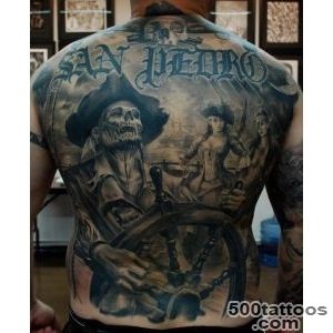 Cool pirate skeleton at the helm tattoo on back   Tattooimagesbiz_34