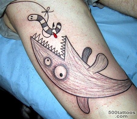 Cartoon like colored fish and worm homemade tattoo on leg ..._38