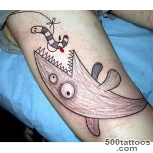 Cartoon like colored fish and worm homemade tattoo on leg _38