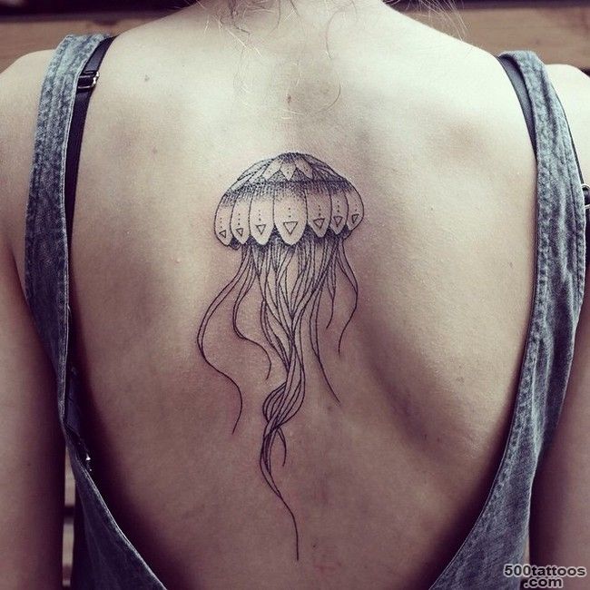 Upper Back Grey Ink Jellyfish Tattoo For Girls_19
