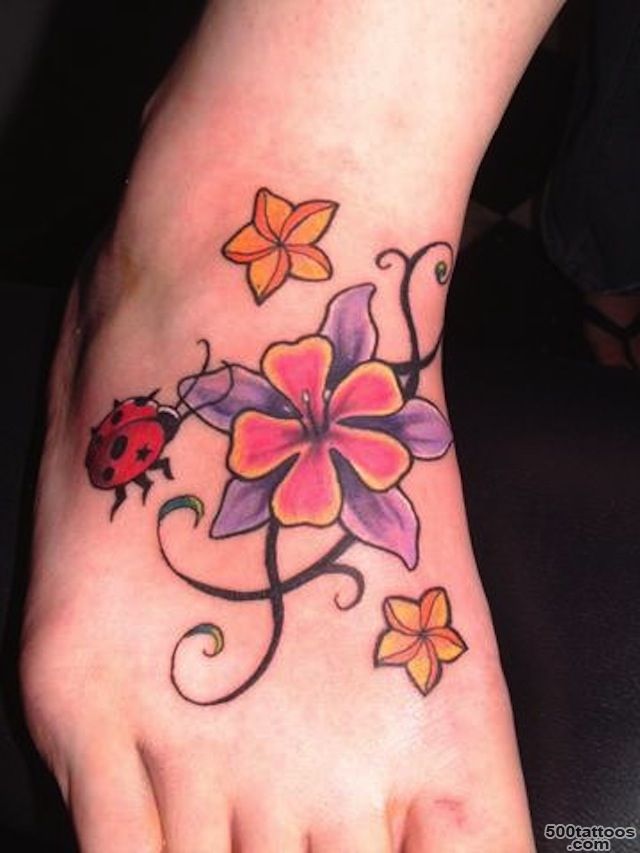 Ladybug Tattoo With Small Flower , cute tattoo on foot  Tattoo 4 Me_31
