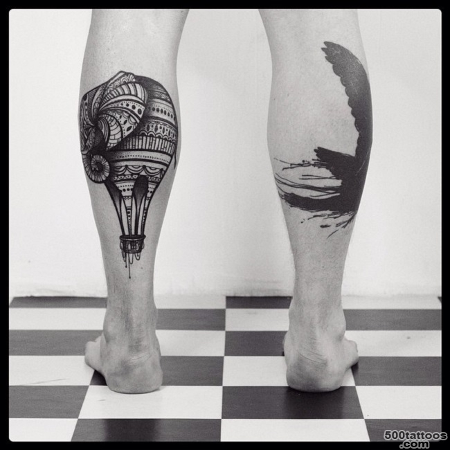 A neo-traditional leg tattoo on the calf with expressive detail