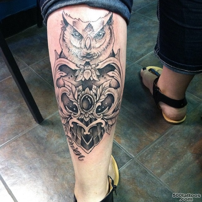 A neo-traditional leg tattoo on the forearm with clean detail
