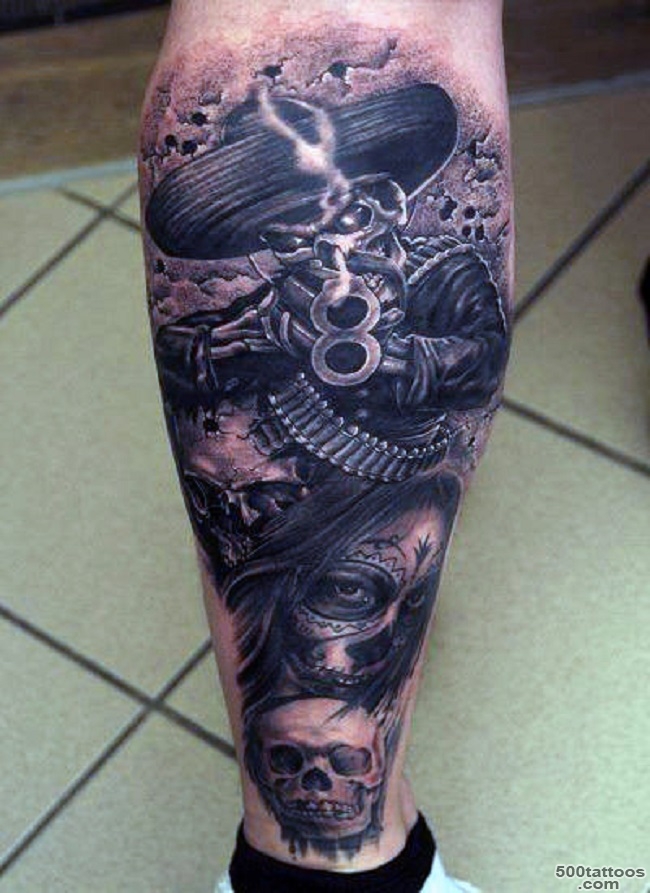 Artistic leg tattoo in blackwork style on the thigh