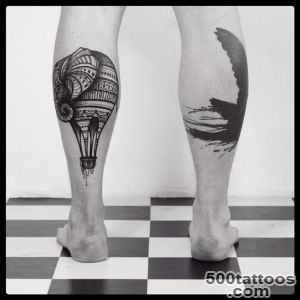 A neo-traditional leg tattoo on the calf with expressive detail