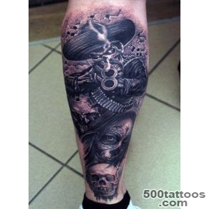 Artistic leg tattoo in blackwork style on the thigh