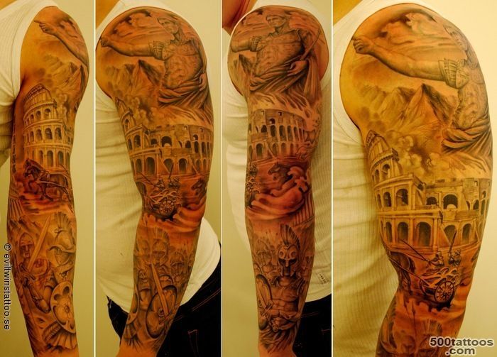 Awesome full tattoo sleeve with Gaius Julis Caesar, The Colosseum ..._1