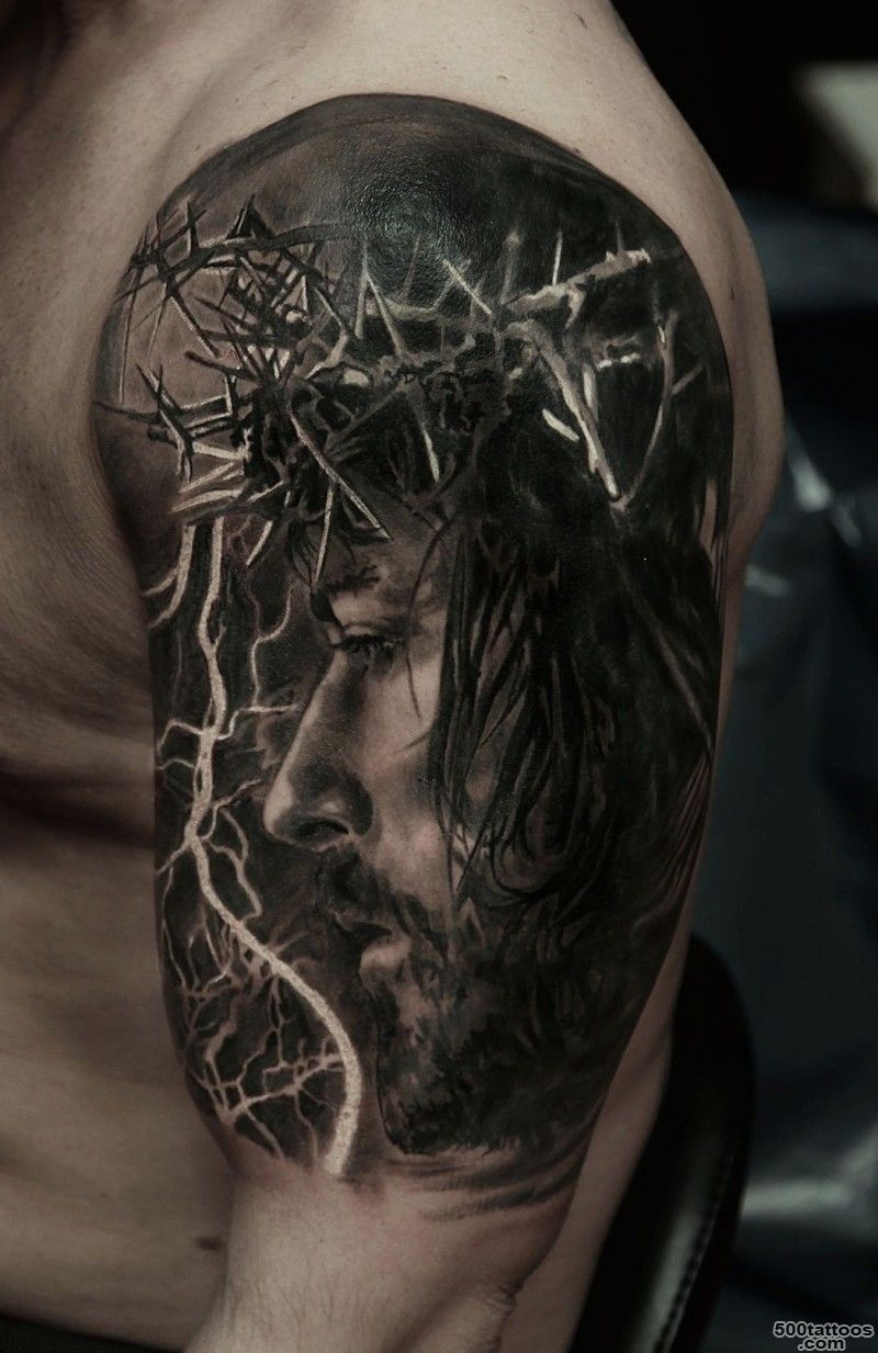 Realistic dark color Jesus and a lightning tattoo on upper arm ..._17