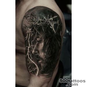 Realistic dark color Jesus and a lightning tattoo on upper arm _17