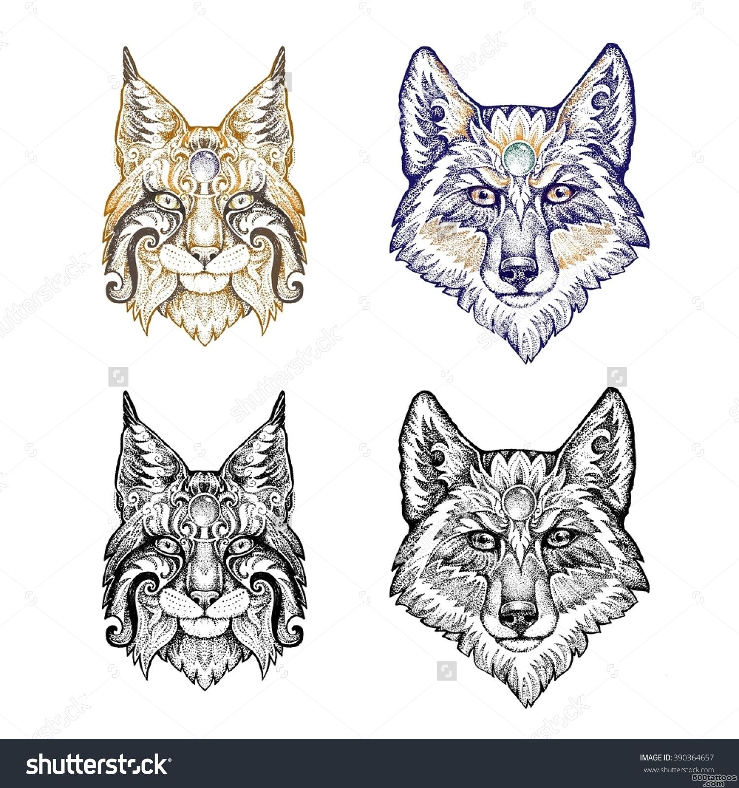 Tattoo, Dotwork. Wolf And Lynx Hand Painted Graphics Stock Photo ..._49