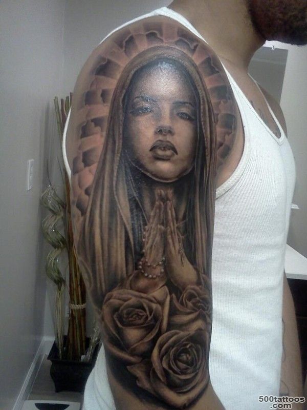 Black and White Close Hands Saint Mary Mother Of God Tattoo On Men ..._15