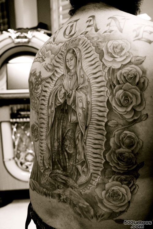 Full Back Siant Mary Mother In Frame Tattoo Design With Nice Roses ..._38