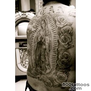 Full Back Siant Mary Mother In Frame Tattoo Design With Nice Roses _38