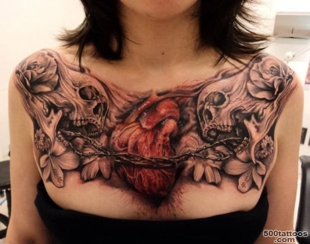 Creepy and mystical colored skulls with big heart 3D tattoo on ..._14