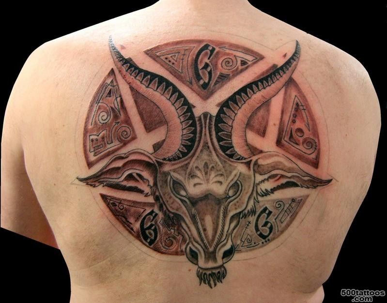 Massive cult themed colored mystical tattoo with goat head on back ..._31