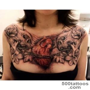 Creepy and mystical colored skulls with big heart 3D tattoo on _14