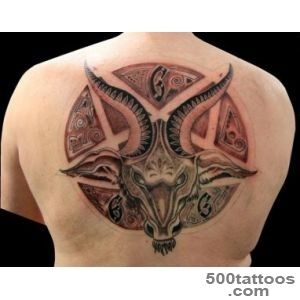 Massive cult themed colored mystical tattoo with goat head on back _31