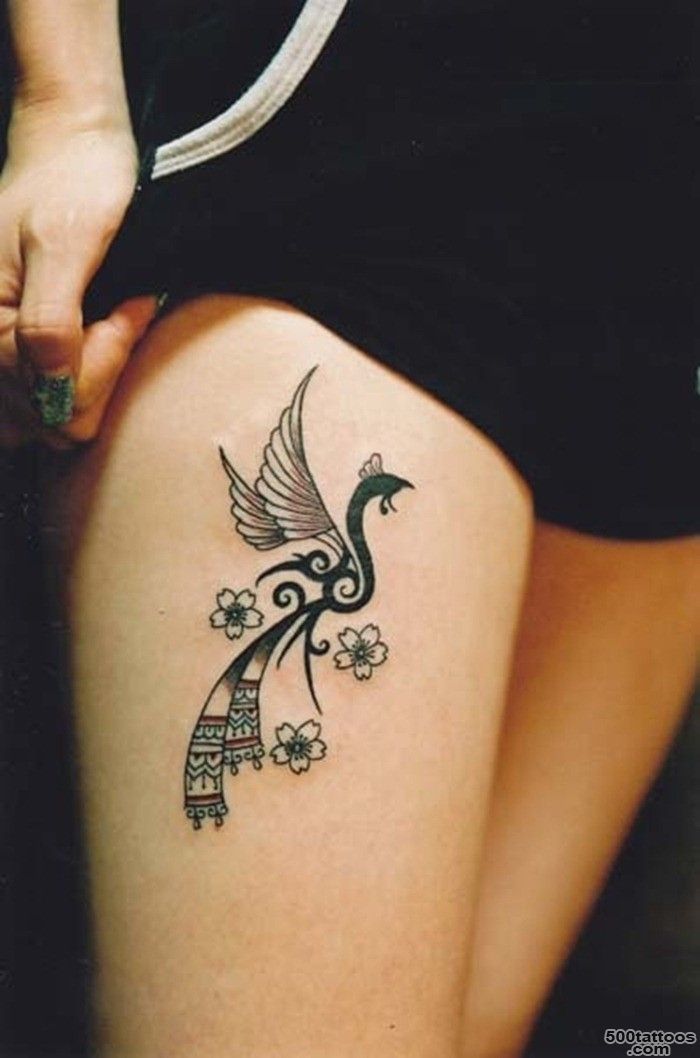 Neat stylized bird floral thigh tattoo   Tattoos.re_26