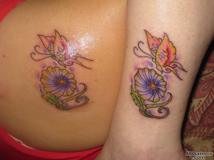 Bright colored floral friendship pair tattoo with butterflies and ..._44