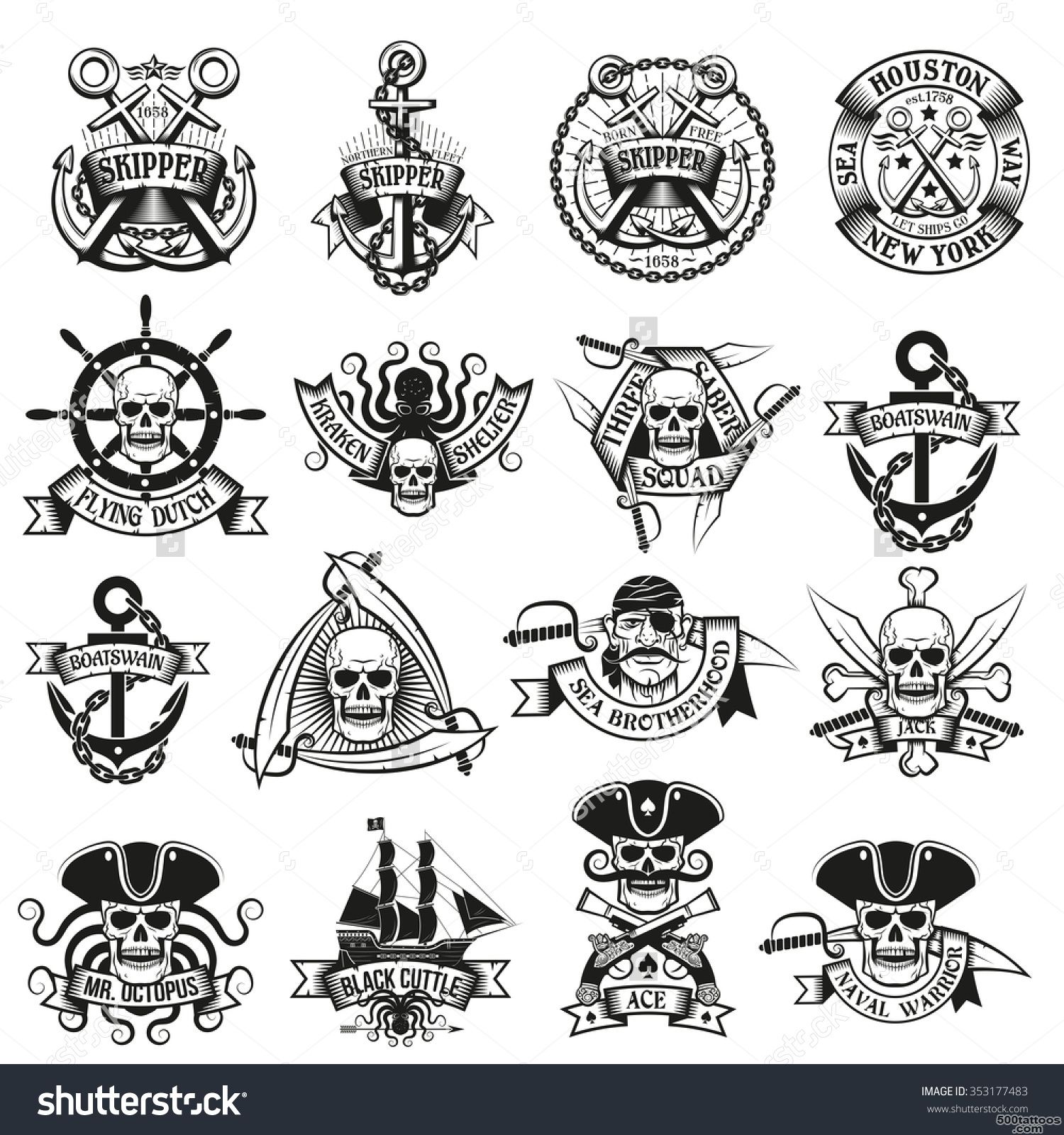 Collection Of Pirate Tattoos With Skulls, Swords, Belts, Tricorn ..._18