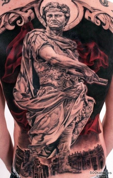 Roman style full #back #tattoo. I love the dark red used in the ..._24